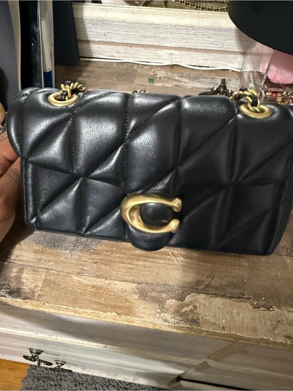 Coach Black Quilted Leather Shoulder Bag with Gold C Accent